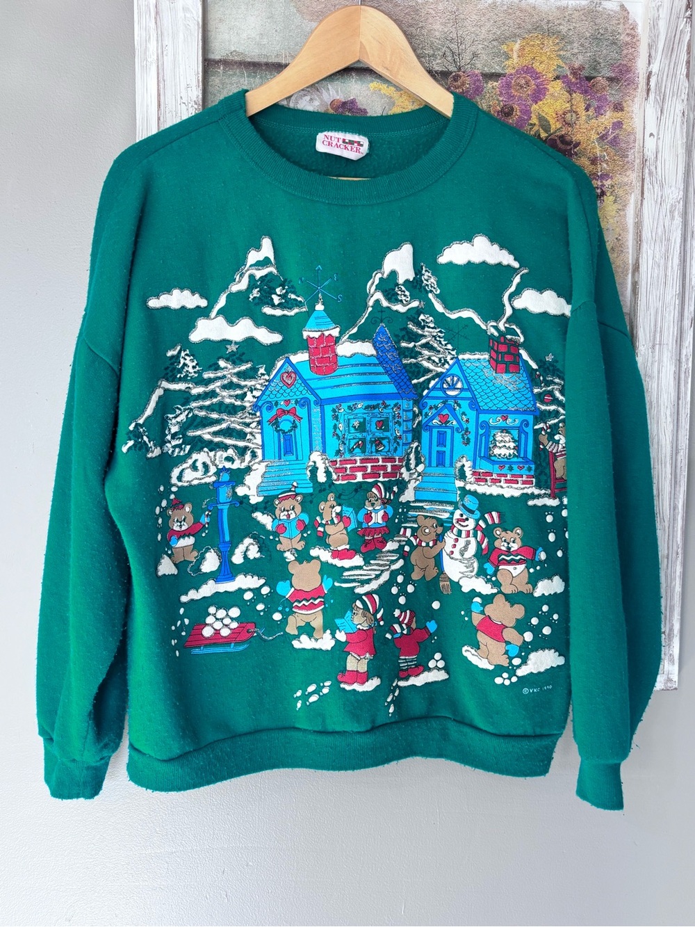 Vtg 1990 Nutcracker Green Crewneck Sweatshirt Double-Sided Festive Fun Bears